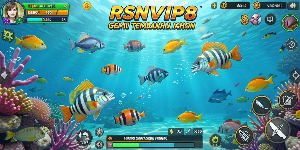 Screenshot menunjukkan gameplay seru dari RSNVIP8 dengan berbagai ikan di layar.